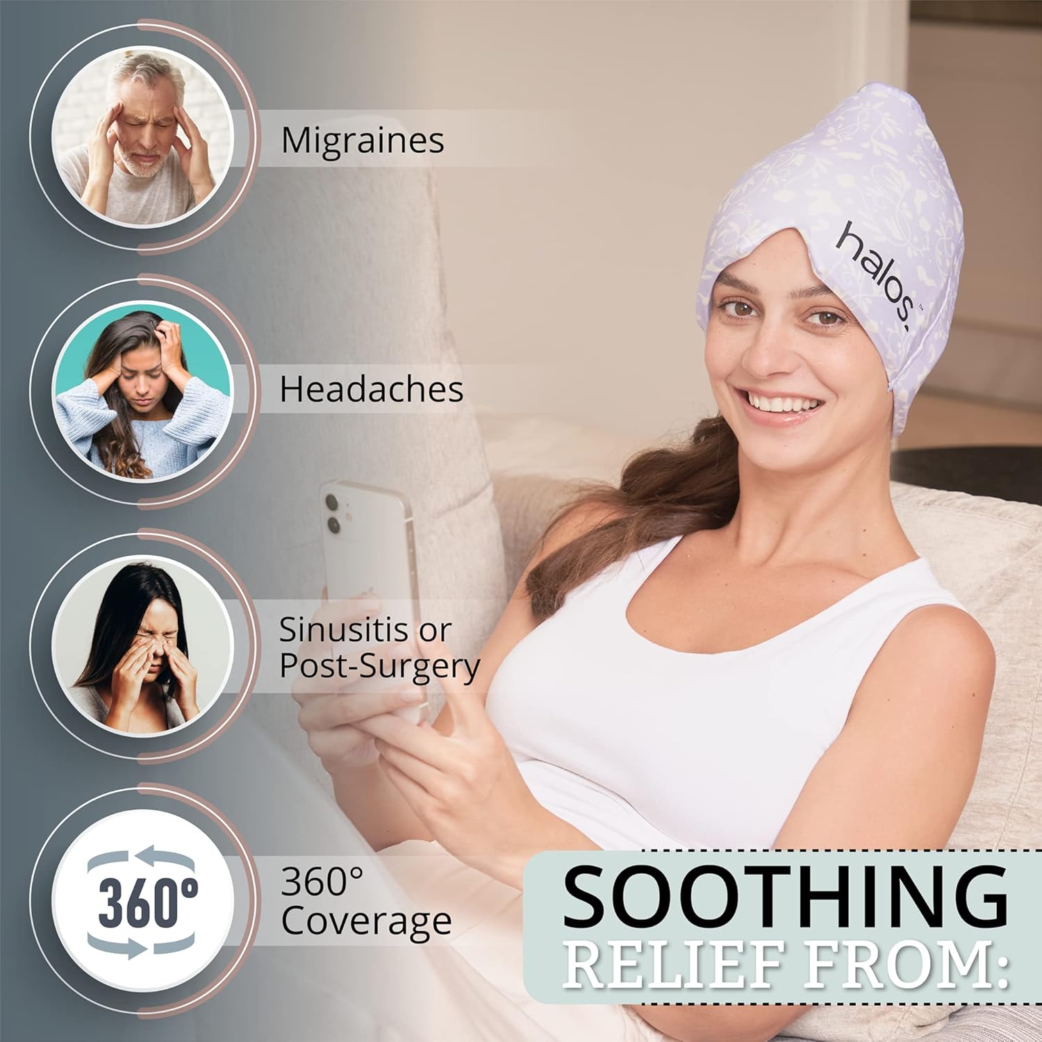 MyHalos® Migraine Relief Cap, 30% Thicker, 2X More Cooling Gel, Stays Colder for Longer, Form Fitting Ice Hat, Ice Pack Head Wrap Relief, Tension Headache Relief Cap (Violet) - FSA|HSA Eligible
