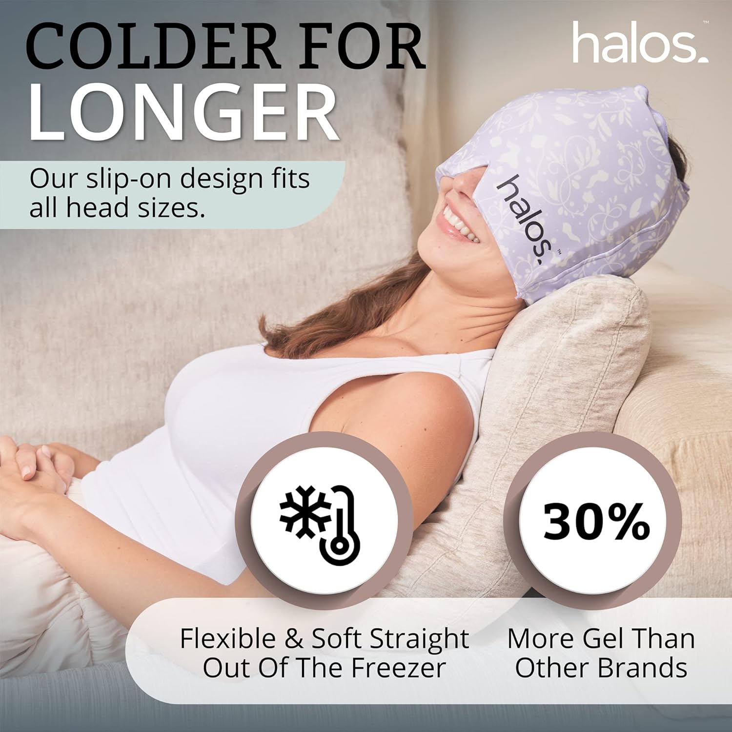 MyHalos® Migraine Relief Cap, 30% Thicker, 2X More Cooling Gel, Stays Colder for Longer, Form Fitting Ice Hat, Ice Pack Head Wrap Relief, Tension Headache Relief Cap (Violet) - FSA|HSA Eligible